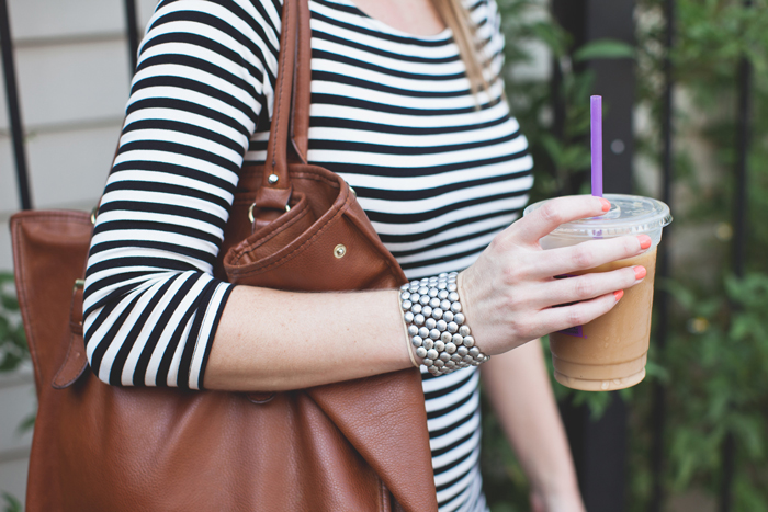 Striped Dress, Brown Leather Purse and Coffee
