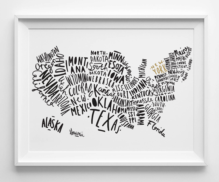 Hand Drawn Typographic United States Map Print by Old English Co