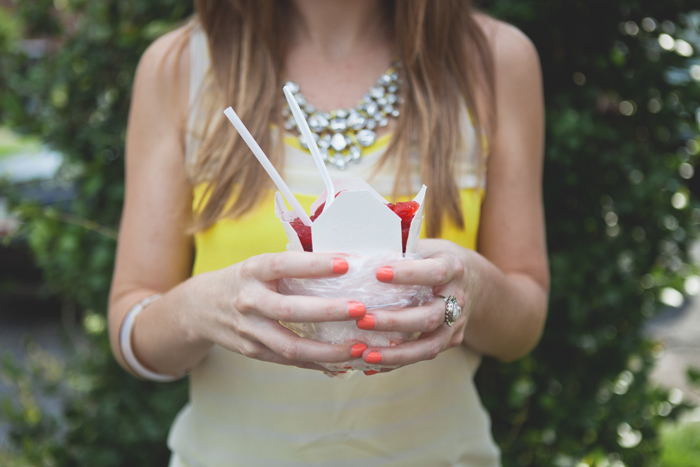 coral nails + jewel necklace + snoball
