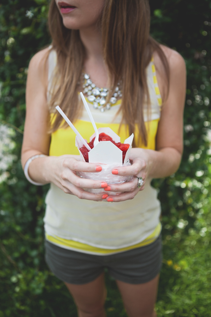 coral nails + yellow top + jewel necklace + snoball