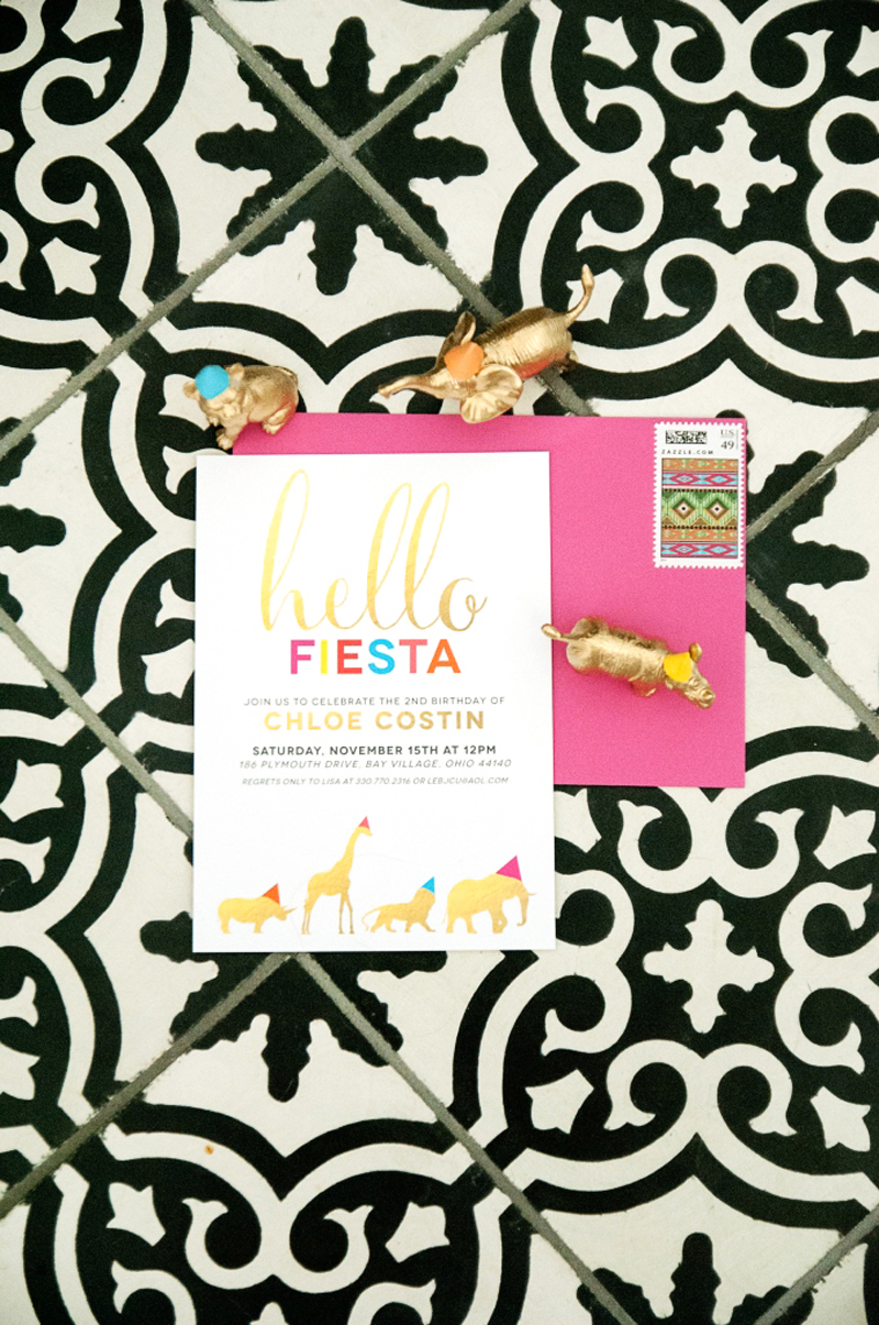 hello fiesta party invitation, pink envelope and gold animals