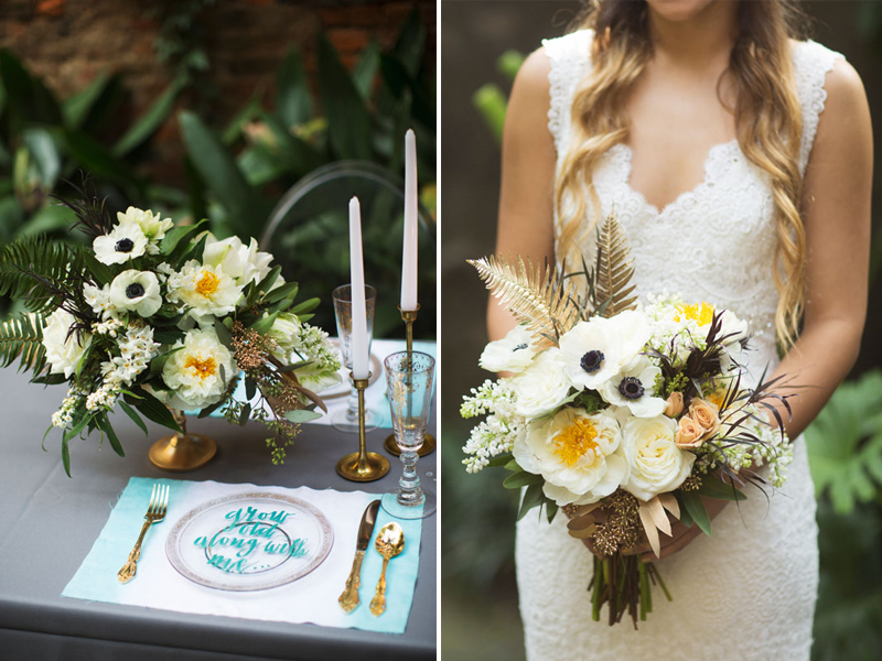 Dip-Dyed-Aqua-Gold-Wedding-Table-Setting-Bouquet