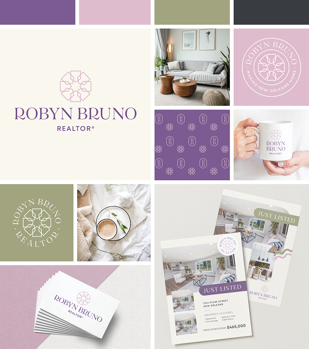 brand identity examples including logo, business cards, mug for realtor