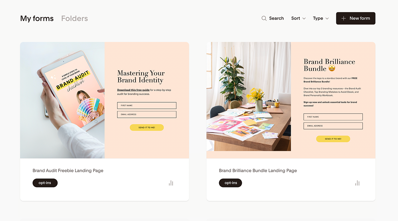 screenshot of creatives flodesk opt-in freebie forms
